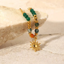 Bohemian sun charm beaded earrings with gold sun, green and blue beads