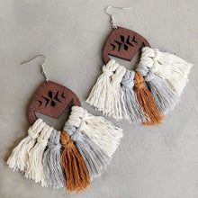 Bohemian wood cutout drop earrings with multicolored tassels and leather details