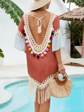 Boho Color Block Tassel Beach Cover Up with Pom Pom Trim Swimwear Cover-Ups