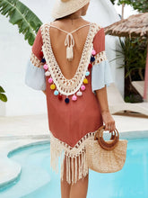 Boho Color Block Tassel Beach Cover Up with Pom Pom Trim