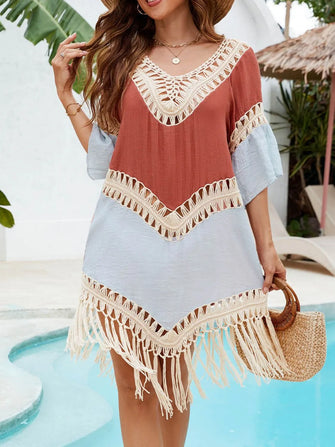 Boho Color Block Tassel Beach Cover Up with Pom Pom Trim Terracotta One Size