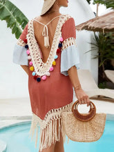 Boho Color Block Tassel Beach Cover Up with Pom Pom Trim Swimwear Cover-Ups