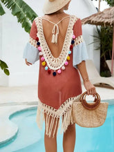 Boho Color Block Tassel Beach Cover Up with Pom Pom Trim Swimwear Cover-Ups
