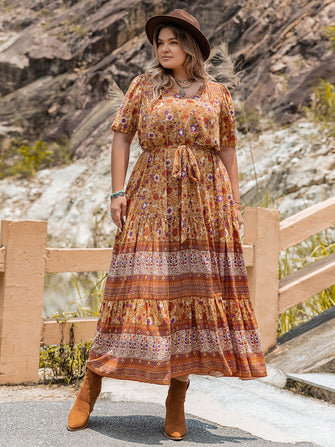 Boho Floral Print Maxi Dress with Tie Waist and Opaque Sleeve Length Ochre