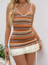 Boho geometric tank top in orange-brown pattern with white trim and ruffled skirt