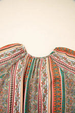 Boho multicolored striped blouse with scalloped neckline and ruffles