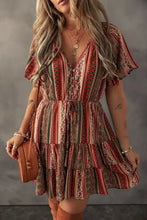 Boho multicolored striped short-sleeved dress with ruffled hem