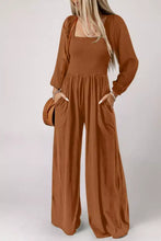 Boho smocked square neck wide leg jumpsuit in rust ribbed fabric