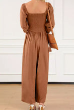 Boho smocked square neck wide leg jumpsuit in brown