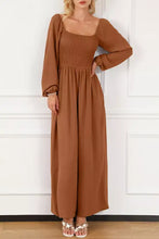 Boho smocked square neck brown maxi dress with wide leg
