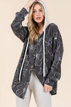 BOMBOM Drawstring Flower Print Button Up Shacket Black Woman Outerwear