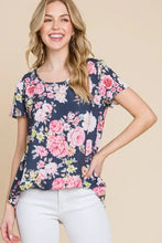 Bombom Floral Round Neck Short Sleeve T-Shirt in navy blue floral print