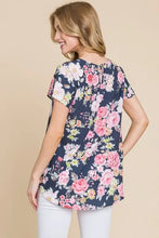 Bombom Floral round neck short sleeve t-shirt in navy blue floral print