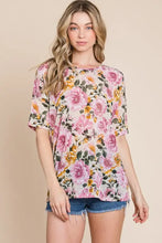 Bombom Floral Round Neck T-Shirt with pink, purple, yellow floral pattern