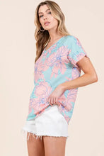 Bombom floral short sleeve V-neck T-shirt in light blue pink feminine floral print