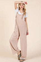 BOMBOM knot straps wide leg ribbed overalls with pockets, beige texture
