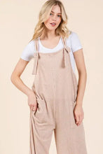 BOMBOM knot straps wide leg ribbed overalls in beige corduroy texture