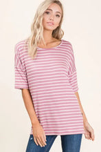 Bombom striped round neck half sleeve t-shirt in white mauve stripes