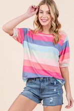 Bombom striped round neck half sleeve t-shirt with denim shorts