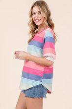 Woman modeling Bombom striped round neck half sleeve T-shirt with denim shorts