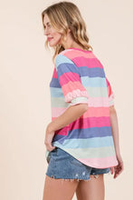 Bombom striped round neck half sleeve T-shirt with ruffled cuffs