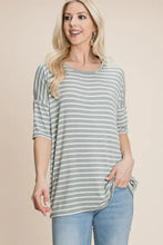 Bombom Striped Round Neck T-Shirt in sage green and white stripes