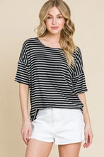 Bombom Striped Round Neck T-Shirt in black and white stripes with white shorts