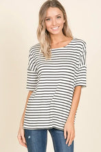 BOMBOM striped round neck t-shirt on woman in black and white stripes