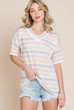 Bombom Striped V-Neck Short Sleeve T-Shirt in pastel stripes