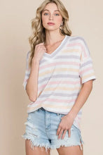 BOMBOM Striped V-Neck Short Sleeve T-Shirt Woman T Shirts