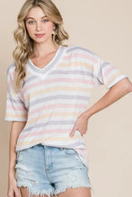 Bombom striped V-neck short sleeve t-shirt with distressed denim shorts