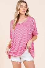 BOMBOM loose-fitting pink and white striped V-neck T-shirt with short sleeves