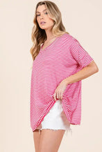 BOMBOM striped v-neck t-shirt in fuchsia and white stripes