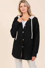 BOMBOM Textured Button Down Drawstring Hooded Shacket Black Woman Outerwear