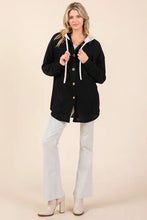 BOMBOM Textured Button Down Drawstring Hooded Shacket Woman Outerwear