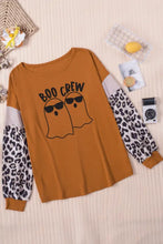 Brown Halloween long-sleeve top with ghost graphic round neck and leopard sleeves