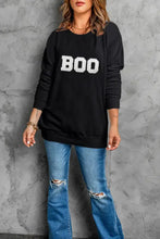 Boo round neck long sleeve sweatshirt with black boo design and white lettering