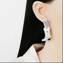 White cowboy boot alloy dangle earrings with star and rhinestones