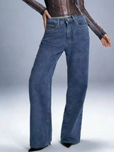 Blue denim bow back wide leg jeans with straight cut silhouette and classic five-pocket design