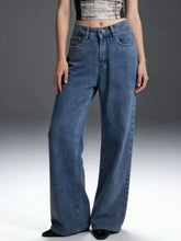 Bow back wide leg jeans in medium blue high waisted denim with classic stitching and button closure wide leg jeans