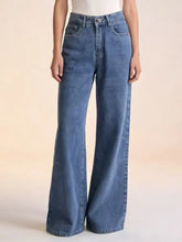 Bow back wide leg jeans in medium-blue denim featuring high-waisted fit and classic five-pocket design wide leg jeans