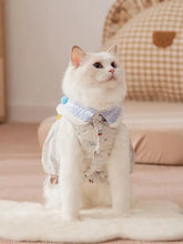 White fluffy cat in Bow Button Down Pet Dress with bow button striped collar