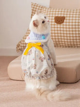 Bow Button Down Pet Dress with striped collar on white cat