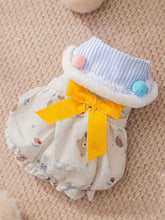 Bow Button Down Pet Dress with white diaper, striped collar, yellow bow