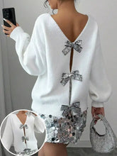 Back view of Bow-Decor dropped shoulder knit cardigan with silver sequin bows