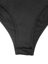 Black high-waisted bikini bottom with smooth stretchy fabric and neat stitching paired with bow detail sleeveless bodysuit