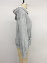 Gray heathered long sleeve hoodie with white lace trim along hood and pocket edges featuring bow embroidery