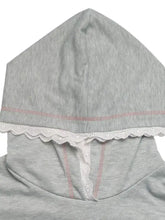 Gray long sleeve hoodie with delicate white lace trim and subtle pink stitching details bow embroidered design