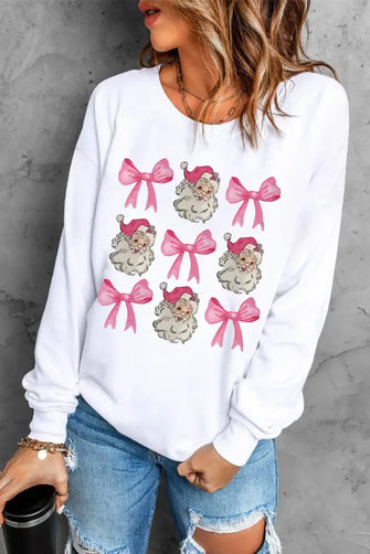 Santa & Bow Graphic Long Sleeve Sweatshirt White Woman Sweatshirts