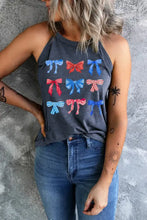 Dark gray graphic round neck tank featuring a playful bow graphic round pattern in red blue and striped designs